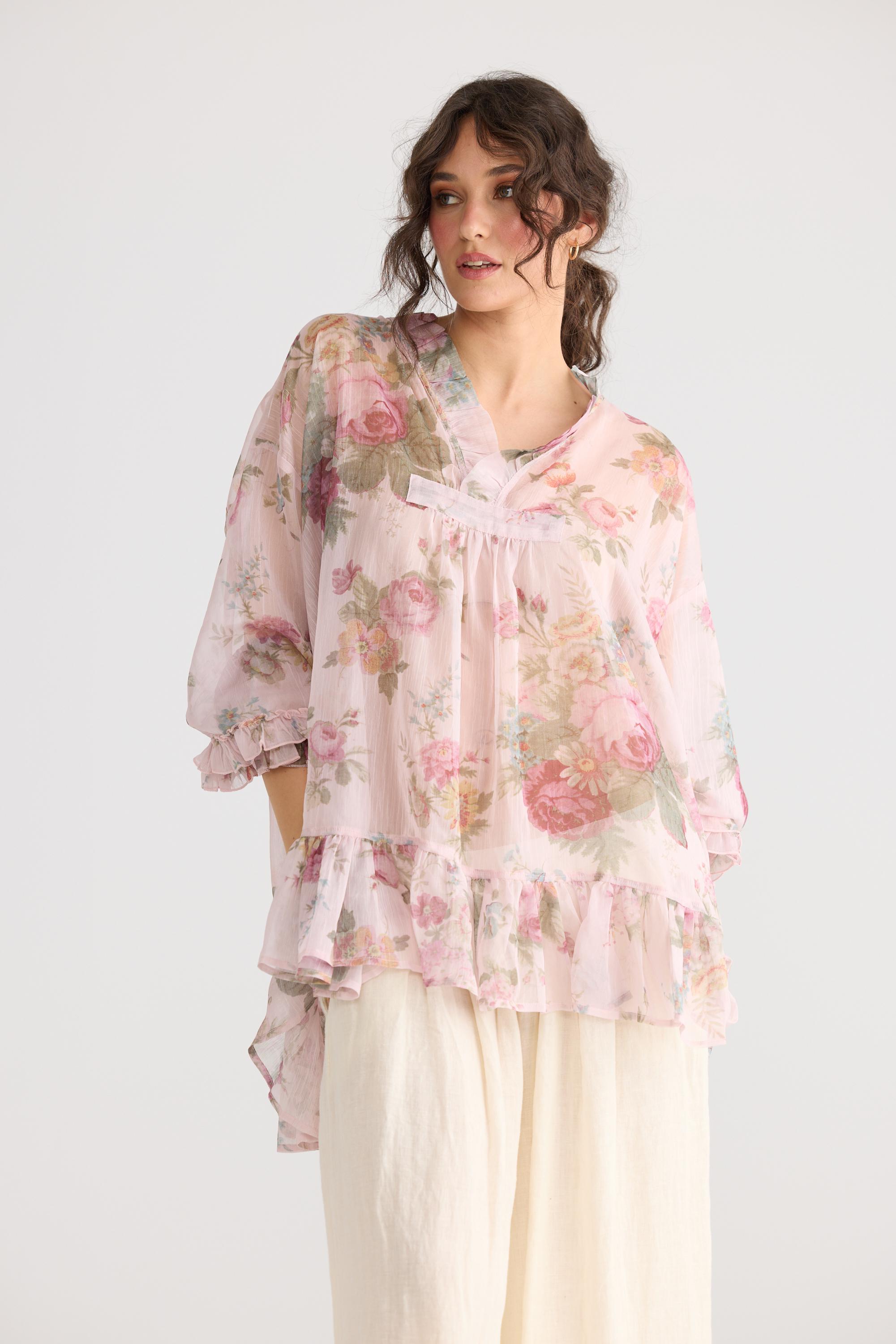Juliet Tearose Chiffon Top in a Pale Pink Rose Design for Petite