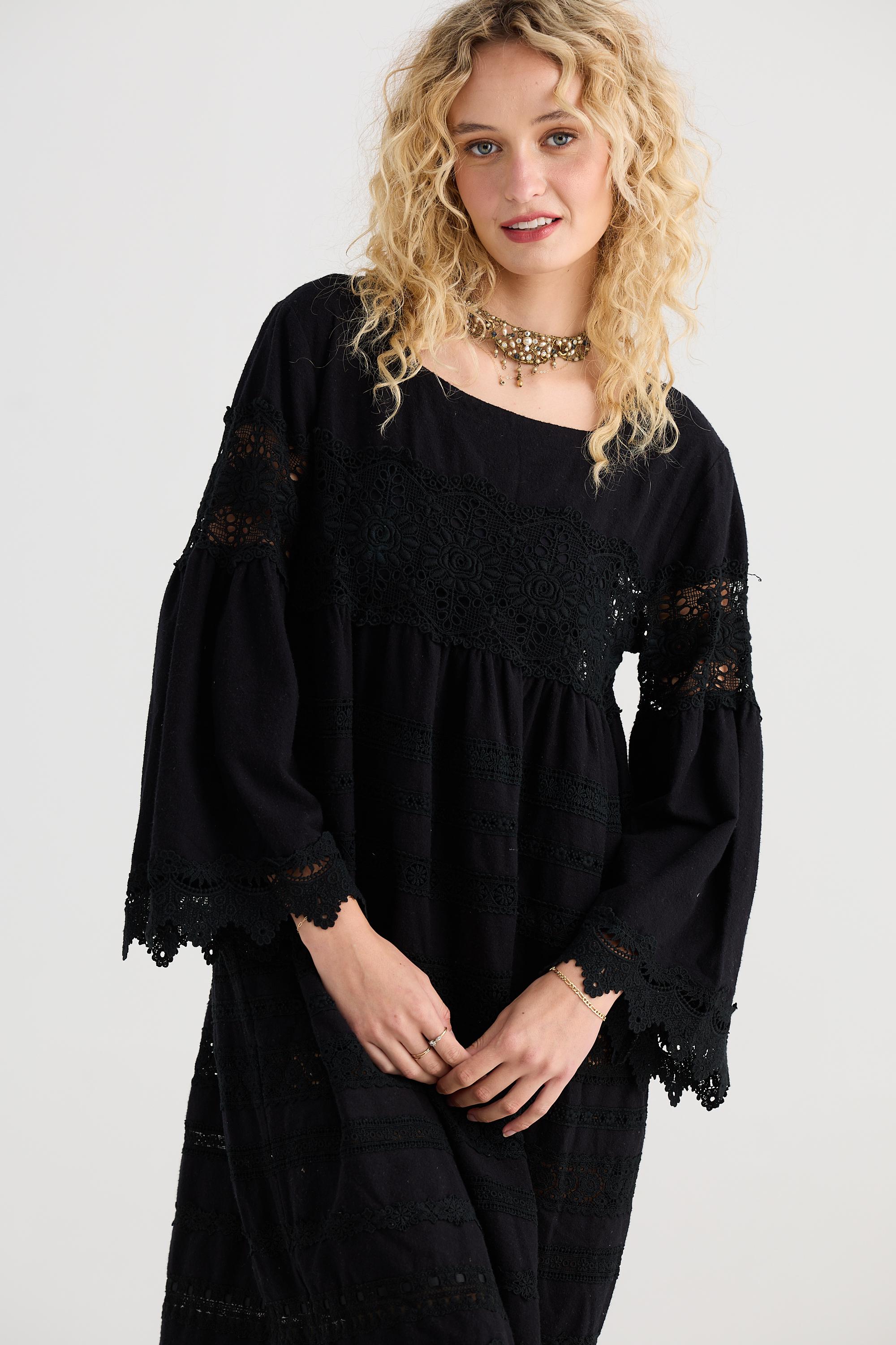 Sweetpea Dress in Brushed Cotton & Layers Of Lace. Stunning Black Lace Dress