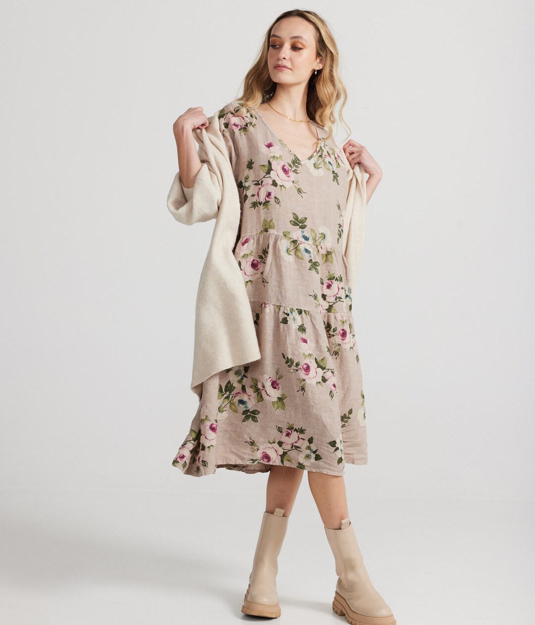 Stella Dress in Floral Rose Linen in Seamist Grey. Tiered Dress in Pale