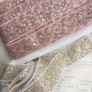 sparkly sequin trim. vintage haberdashery sequin trim. scrapbooking sequin trim. rosegold and gold sequin ribbon. tulle and sequin trim
