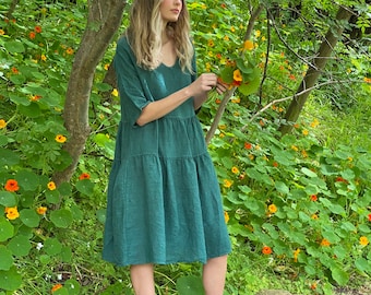 Linen stella dress in Peacock Green. Casual very full pretty linen dress.