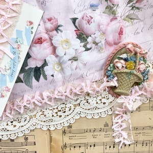 Vintage pastel pink bow trim for scrapbooking, junk journals, snippets, card and jewelry making, slow stitching and collage
