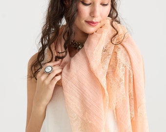 Cotton and lace Shawl. Peach Pink large cotton scarf perfect for Mothers Day . Cotton and lace wrap.