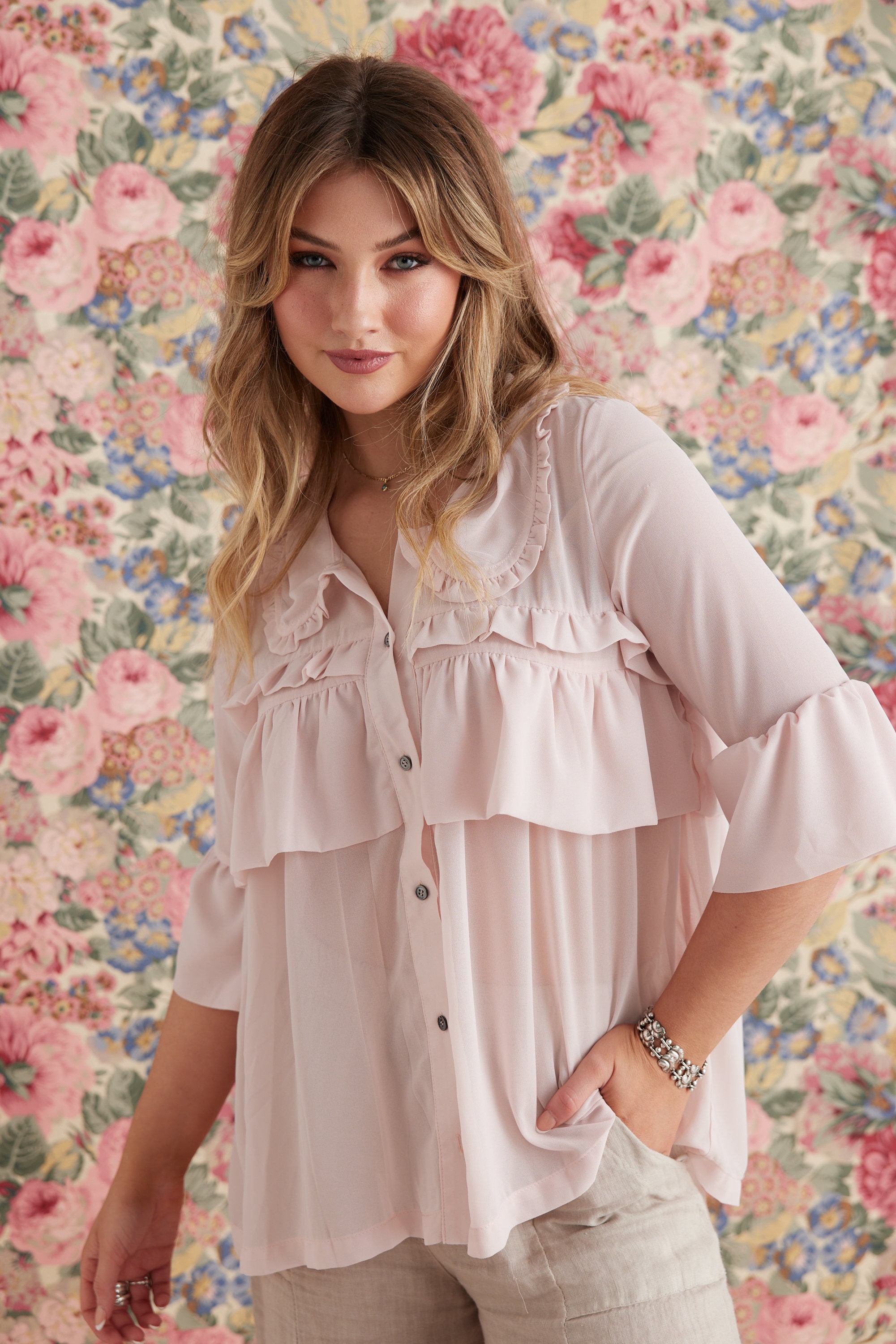Isabella Chiffon Blouse in Ballerina Pink. Lightweight Uncrushable