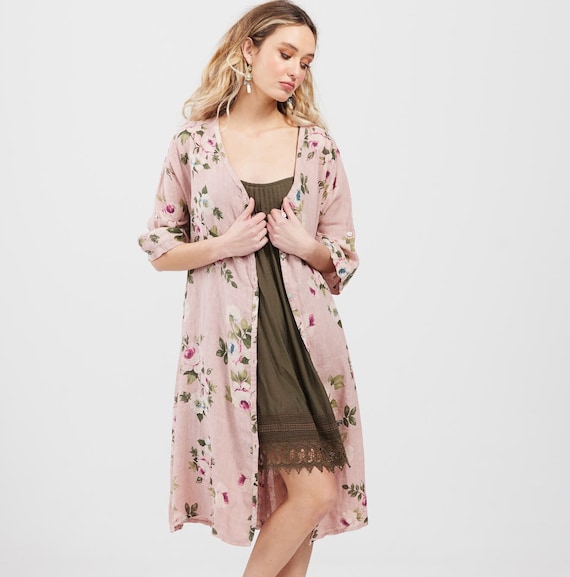 Abigail Linen Floral Coat Dress in Antique Rose. Floral Linen