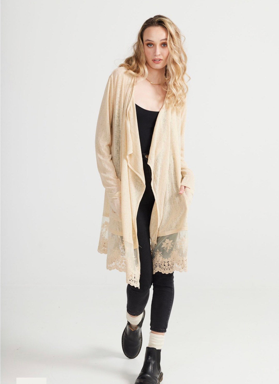 The Poet Long Lace Edged Cardigan . Long Pretty Cardigan Edged With