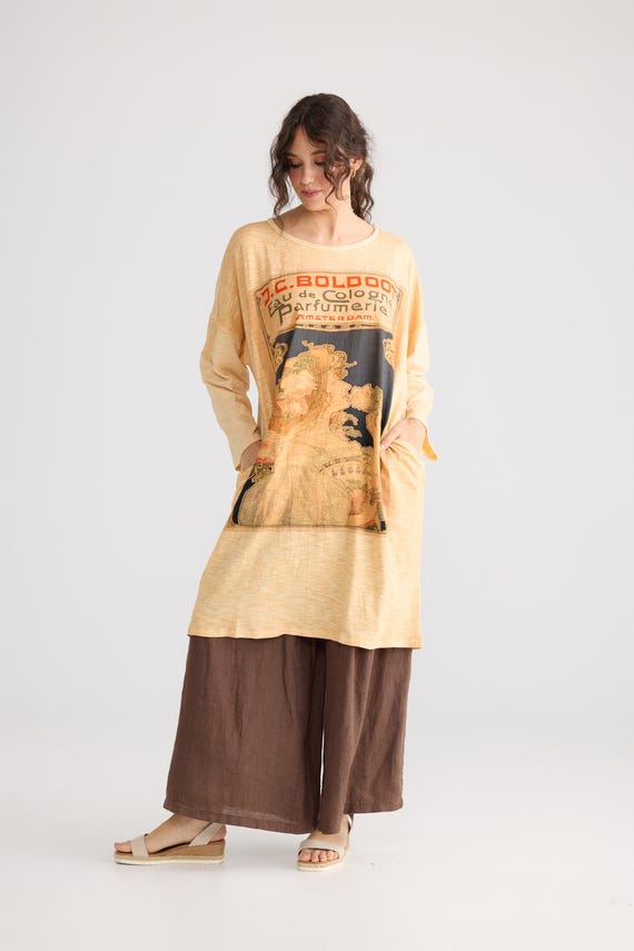 Layla Art Nouveau Printed Long Tshirt Dress in Dark Blue and Pale Custard Cream Tea Stained Cotton.