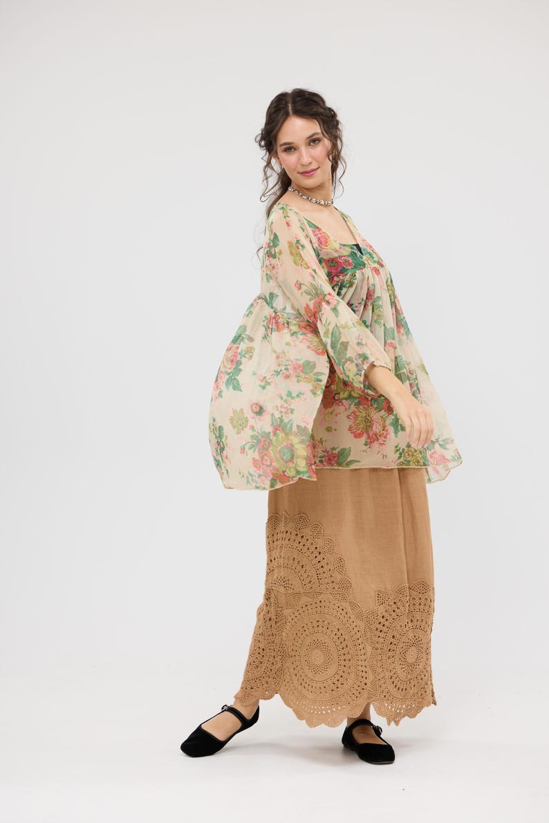 Floral Chiffon Blouse, Marigold Rose Print, Loose Tencel Top image 3