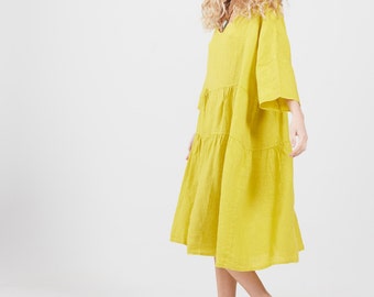 Linen Stella Dress in Chartreuse. Casual very full pretty linen dress.