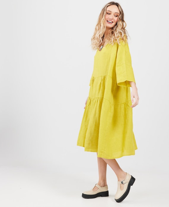 Linen Stella Dress in Chartreuse. Casual Very Full Pretty Linen Dress.
