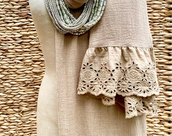 Wren cotton and lace scarf in Sandcastle.  Vintage lace and cotton wrap.