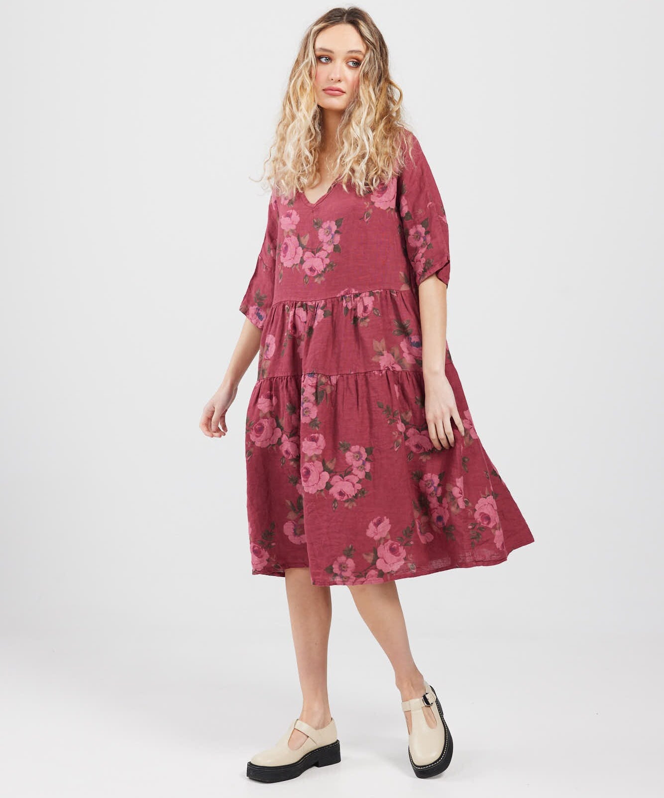 Floral Linen Stella Dress in Cranberry Wine Colour . Floral Linen Dress . One Size Dress .