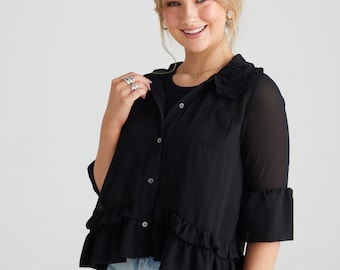 Black chiffon Valentine short Jacket. Black Chiffon ruffled top.