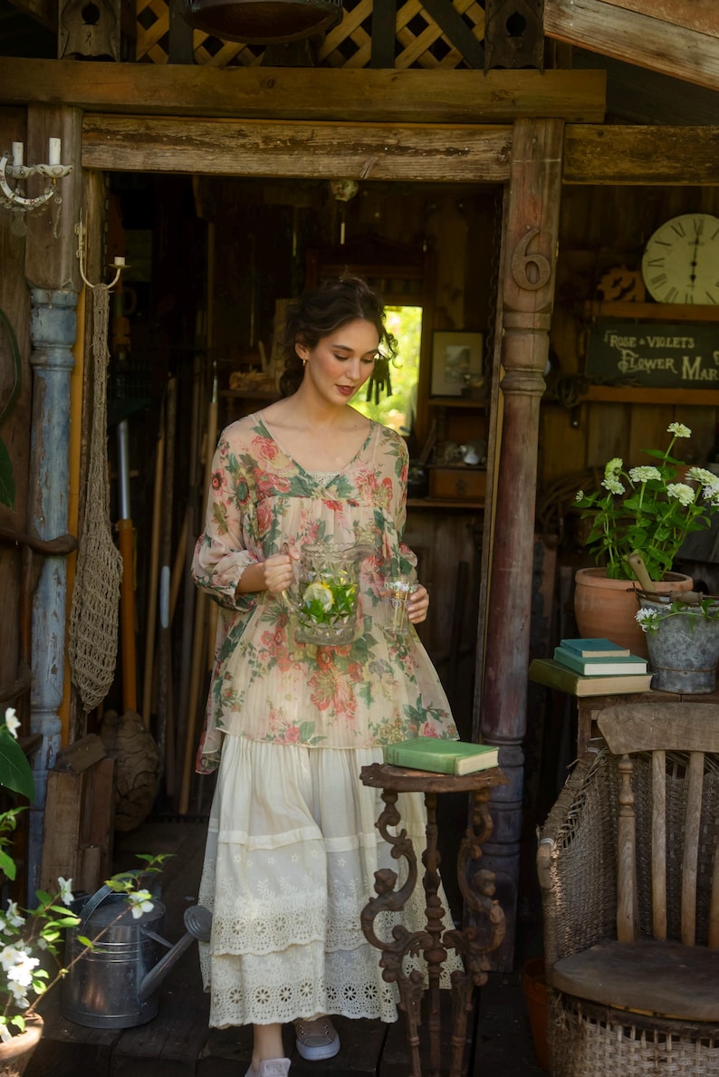 Floral Chiffon Blouse, Marigold Rose Print, Loose Tencel Top image 9