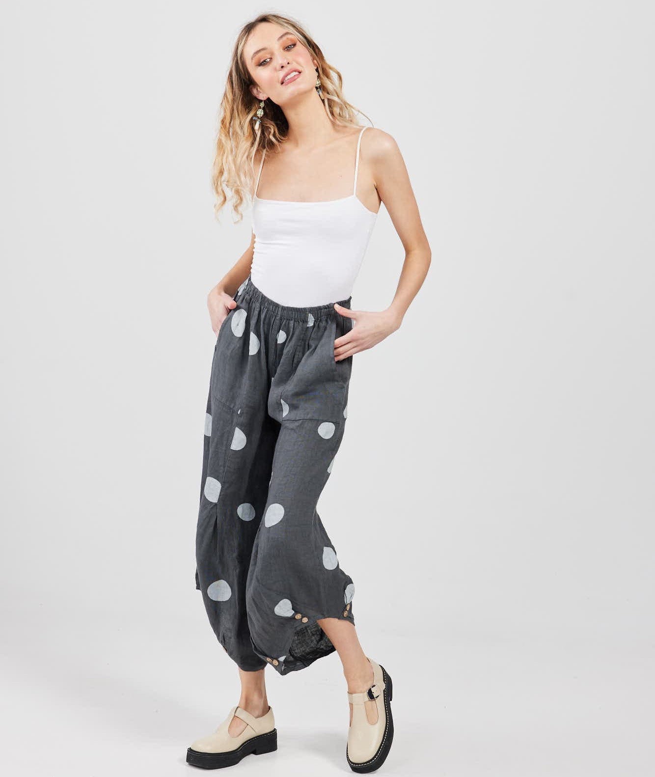 Lulu Linen Pants Charcoal Polka Dot. Harem Pants. Casual Loose