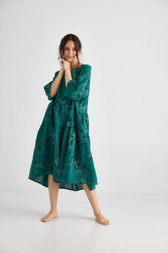 Abito Stella in lino floreale in verde Abito in lino