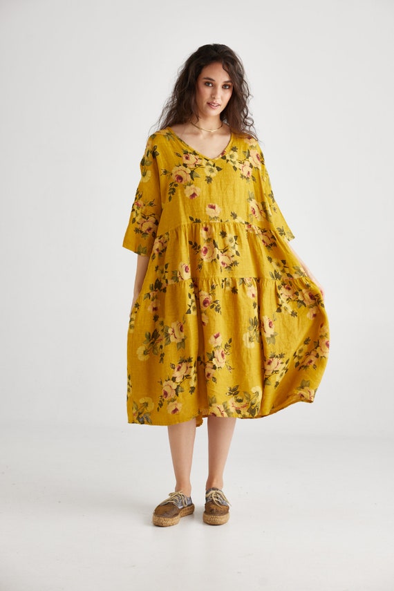 Stella Floral Rose Linen Dress in Sunflower. Tiered One-Size Linen Floral Dress in Yellow Roses. Plus Size Linen Floral Dress.