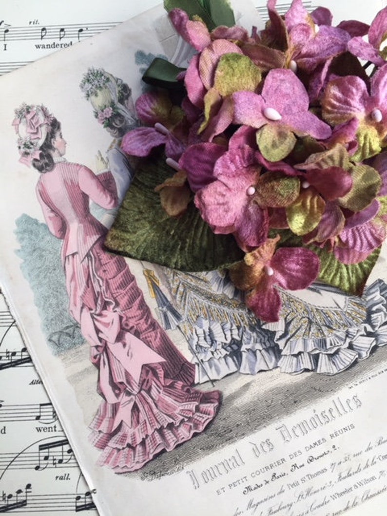 May include: A vintage illustration of two women wearing elaborate dresses, with a large bouquet of pink and green velvet flowers in the foreground. The text "Journal des Demoiselles" is visible at the bottom of the image.