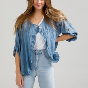 Ruffled linen Fifi jacket. Short linen jacket with ruffles in Denim Blue.