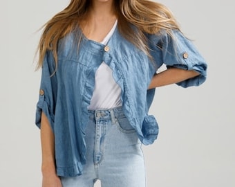 Ruffled linen Fifi jacket. Short linen jacket with ruffles in Denim Blue.