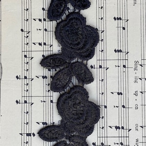 Black beaded rose lace. beaded rose lace. black edging lace. Vintage black lace.