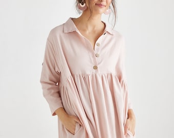 Trelise french- style cotton shirtdress. casual prewashed soft cotton shirtdress in Charcoal and Blush Pink.