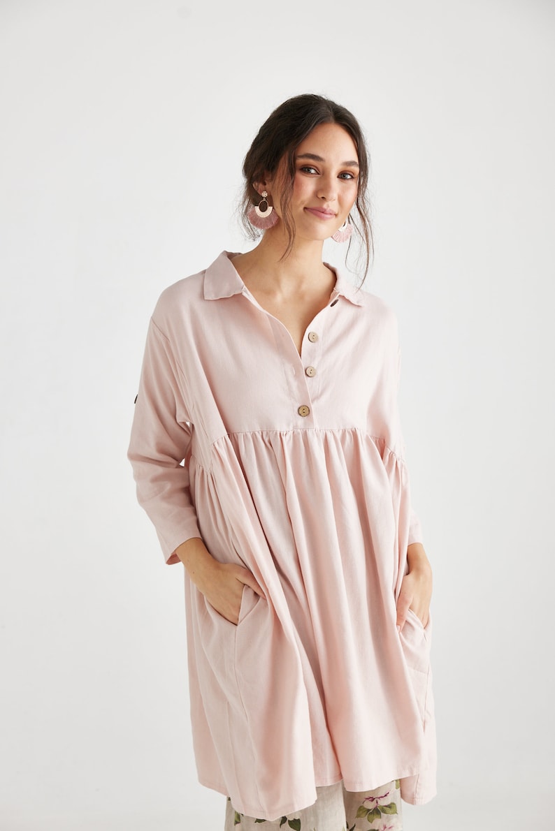 Trelise french style cotton shirtdress. casual prewashed soft cotton shirtdress in Charcoal and Blush Pink. image 1