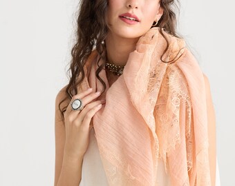 Cotton and Lace Shawl. Peach Pink Large Cotton Scarf Perfect for