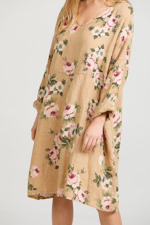 Amelia floral linen dress. Miss Rose Sister Violet linen floral dress in Caramel. linen dress for all occasions.
