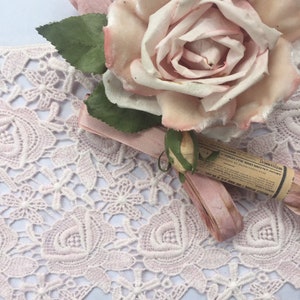 Blush cotton rose lace dyed in the softest pale pink ideal for all sewing and craft projects . Homewares and clothing lace