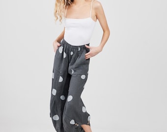 Lulu linen pants charcoal polka dot. harem pants. casual loose linen pants. womens trousers.