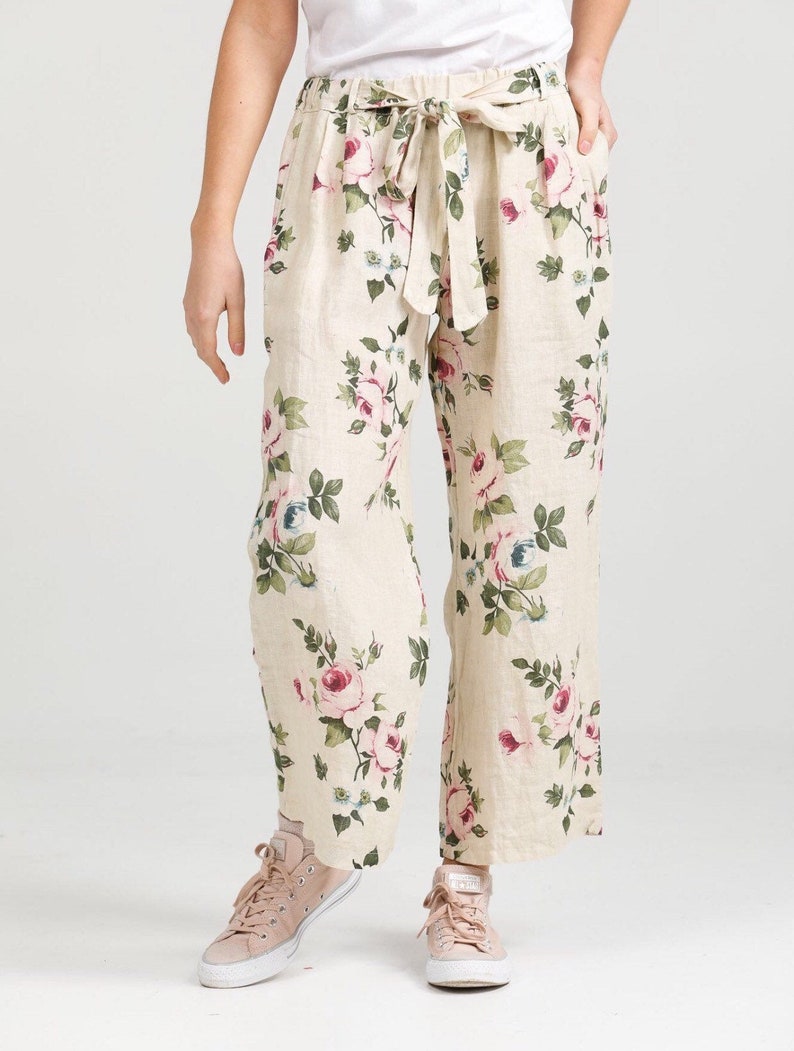Linen trousers . Floral linen pants . Floral Eva pants by Miss Etsy
