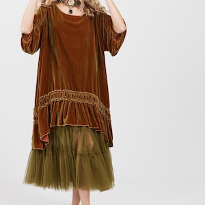 Violette Luxurious velvet dress in Russet Gold. Russet Gold velvet smock top.
