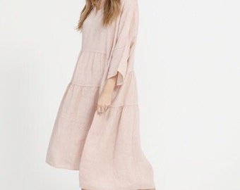 Linen Stella Dress in Pale Pink. Casual pretty very full linen dress in Blush.