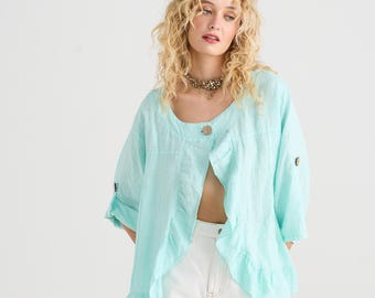 Fifi linen jacket. Ruffled linen jacket in Mint. one size linen ruffle jacket.