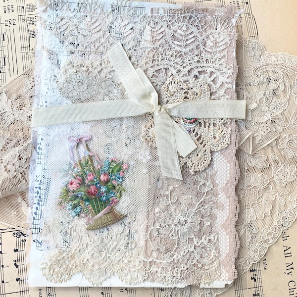 Exquisite antique lace and ephemera pack for slow stitching, mixed media, journaling, sewing, and craft. Flower Basket and lace