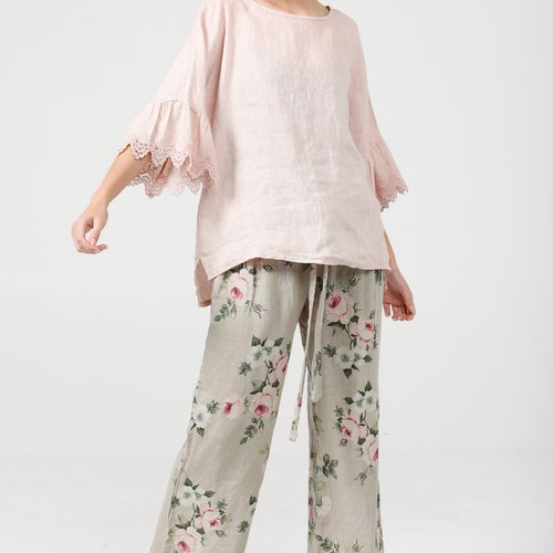 Linen pants. casual loose linen pants. outlet floral linen pants.