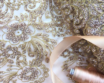 Gold glittered lace . Rose design gold glittered lace for sewers and scrapbookers . Glittered rose lace . Costume lace .