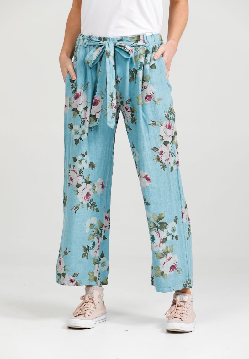 Linen pants in floral Tahitian blue Linen pants Linen trousers Linen Eva floral pants by Miss Rose Sister Violet