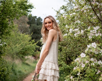 Emma Linen and lace mini dress with ruffles and lace. casual linen and lace sleeveless dress.