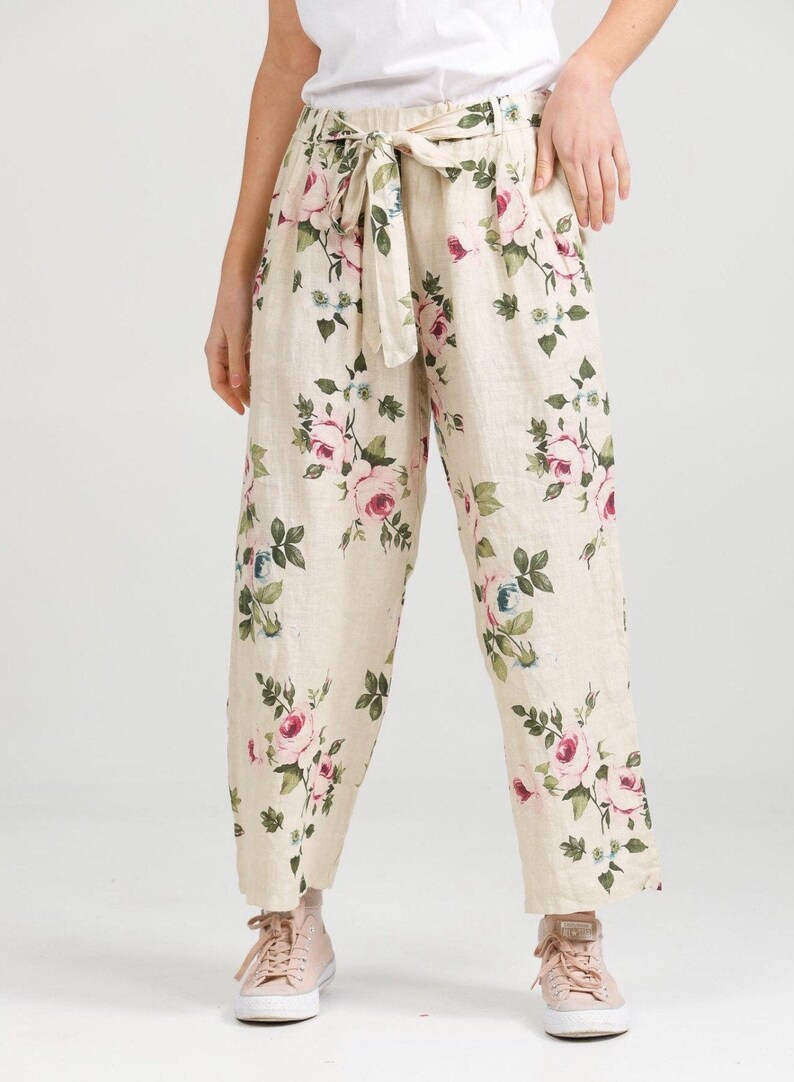 Linen trousers . Floral linen pants . Floral Eva pants by Miss Etsy
