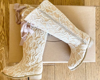 Lacey vintage knee high girls original Joyfolie boots . Stunning vintage lace girls knee high boots in beige and cream