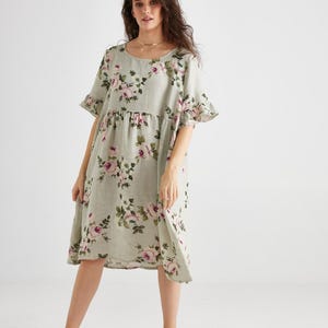Audrey Babydoll style linen dress in Pale Grey. Pretty rose-printed linen dress in pastel grey  rose print .