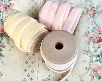 Vintage velvet ribbon collection Pretty Pastels on wooden spools perfect for all crafting and gifting.