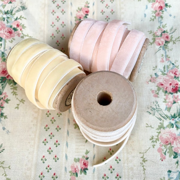 Vintage velvet ribbon collection Pretty Pastels on wooden spools perfect for all crafting and gifting.