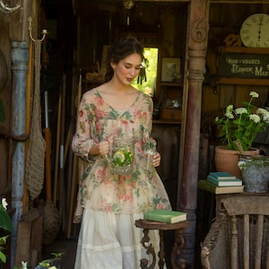 Floral Chiffon Blouse, Marigold Rose Print, Loose Tencel Top image 7