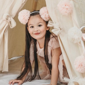 Pom Pom Headband. Tulle pom pom ears headband. Pretty pink pom pom headband