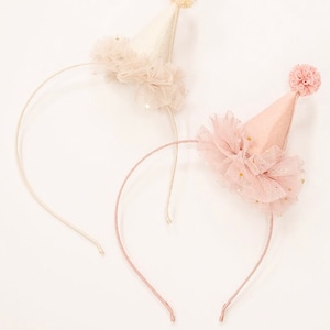 Party hat headband . First birthday headband . Glittery tulle  party hat . Pom pom party hat headband for a first birthday or adult birthday