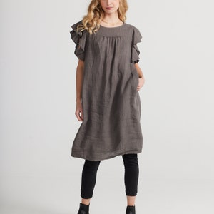 Poppy  Linen dress with ruffled sleeves. Sassy, Stylish linen dress in Charcoal Italian linen. Made in italy linen dress.