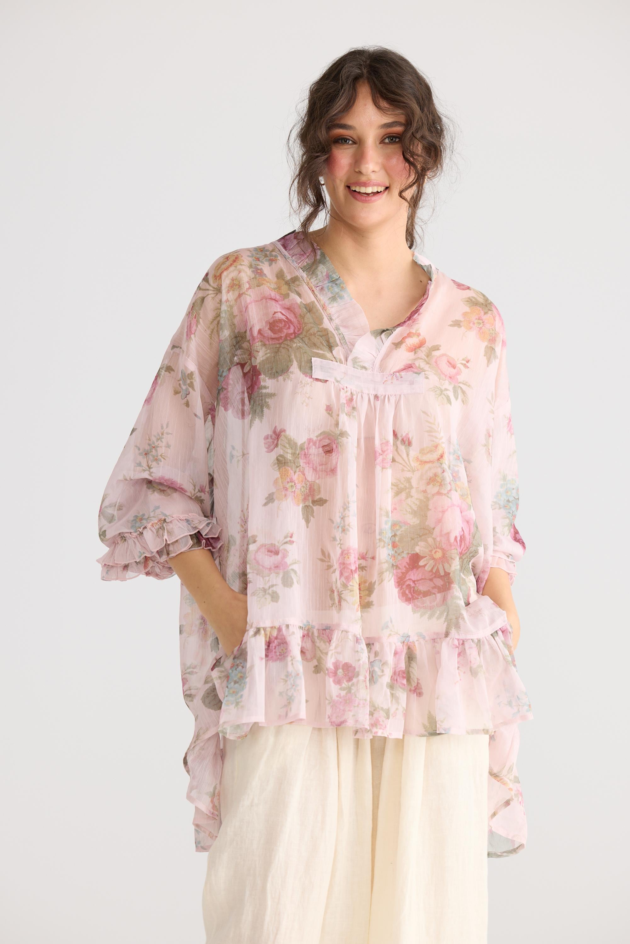 Juliet Tearose Chiffon Top in a Pale Pink Rose Design for Petite